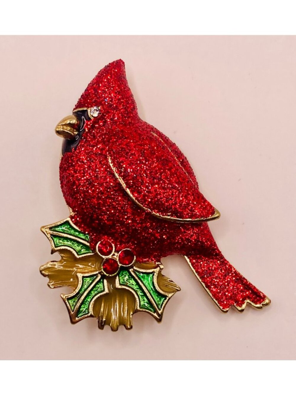 Vintage Red Glitter Christmas Holiday Cardinal Bird Brooch Pin Holly Leaves -17B